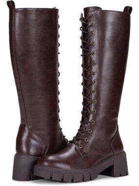 Women's Whiskey Round Toe Lace Up Platform Chunky Heel Knee High Boots